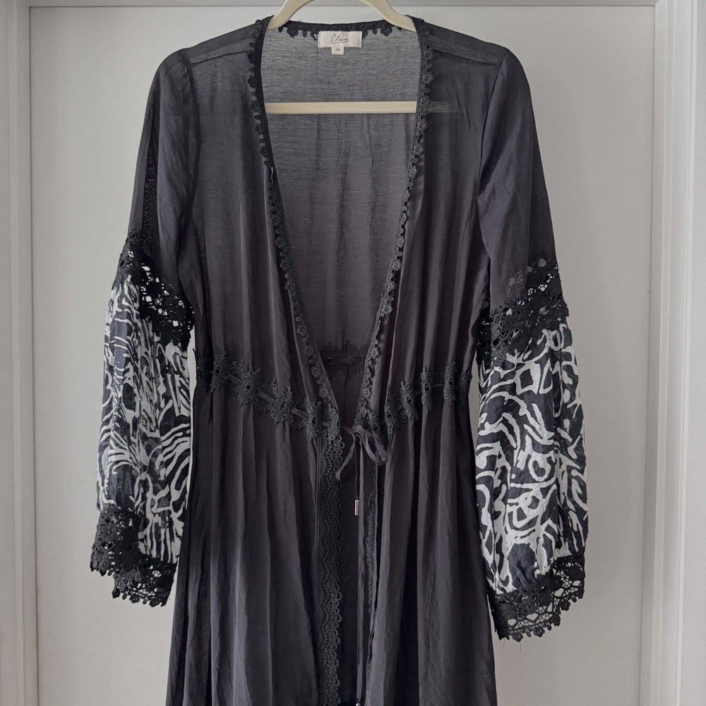 Elan Kimono Maxi Duster Black Print Lace Sheer Boho Festival Whimsygoth Sz M - Picture 4 of 11